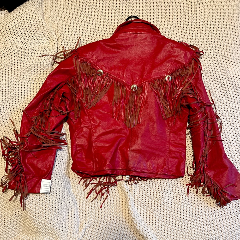 RED Vintage Leather Fringe Jacket. Modern size S, tight M (4-6). New find